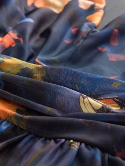 Next Pleated Mesh Print V-Neck Occasion Maxi Dress Navy Blue Floral Best