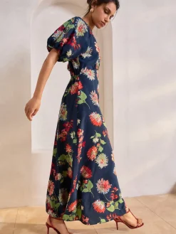 Next Print Puff Sleeve Midi Dress Navy Blue Floral