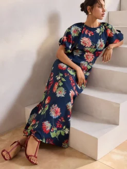 Next Print Puff Sleeve Midi Dress Navy Blue Floral