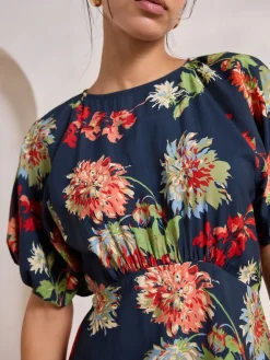 Next Print Puff Sleeve Midi Dress Navy Blue Floral
