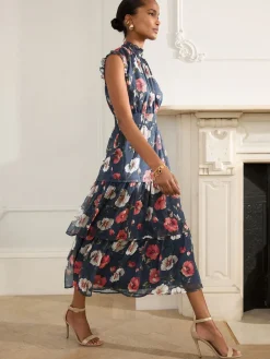Next Printed High Neck Tiered Occasion Maxi Dress Navy Blue Floral Discount