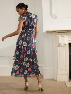 Next Printed High Neck Tiered Occasion Maxi Dress Navy Blue Floral Discount