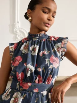 Next Printed High Neck Tiered Occasion Maxi Dress Navy Blue Floral Discount