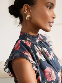 Next Printed High Neck Tiered Occasion Maxi Dress Navy Blue Floral Discount