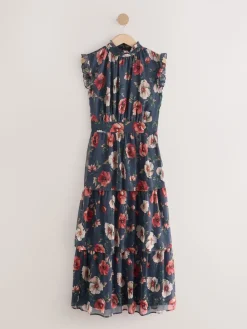 Next Printed High Neck Tiered Occasion Maxi Dress Navy Blue Floral Discount
