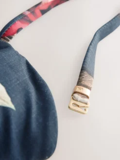 Next Navy Blue Floral Shaping Tummy Control Bandeau Swimsuit Outlet