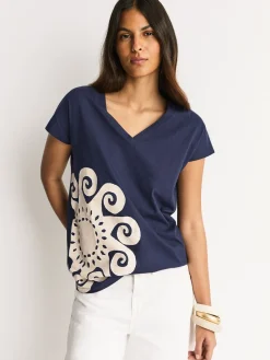 Next Navy Blue Graphic V-Neck Cap Sleeve T-Shirt New