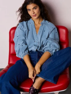 Next Navy Blue Heart Heart Embroidered V-Neck Puff Sleeve Denim Blouse Hot