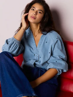 Next Navy Blue Heart Heart Embroidered V-Neck Puff Sleeve Denim Blouse Hot