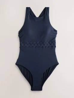 Next Navy Blue High Neck Lattice Tummy Control Swimsuit Hot