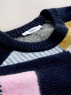 Next Navy Blue Multi Patched Crew Neck Knitted Jumper with Wool Best