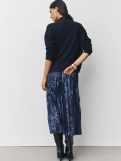 Next 2-In-1 Knitted Jumper with Pleated Midi Skirt Navy Blue Nautical Print