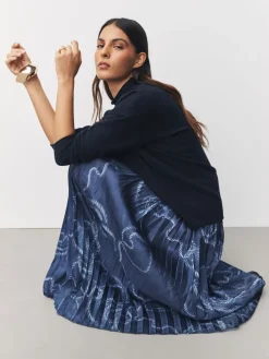 Next 2-In-1 Knitted Jumper with Pleated Midi Skirt Navy Blue Nautical Print