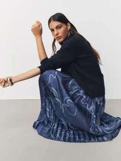 Next 2-In-1 Knitted Jumper with Pleated Midi Skirt Navy Blue Nautical Print