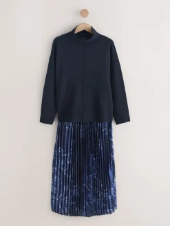 Next 2-In-1 Knitted Jumper with Pleated Midi Skirt Navy Blue Nautical Print