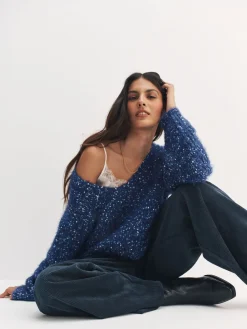 Next Fuzzy Texture V-Neck Knitted Jumper Navy Blue Neppy Clearance