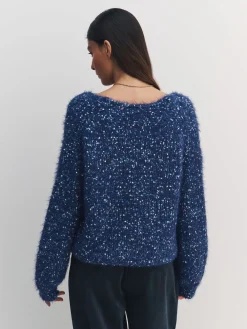 Next Fuzzy Texture V-Neck Knitted Jumper Navy Blue Neppy Clearance