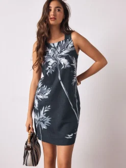 Next Linen Rich Square Neck Shift Mini Dress Navy Blue Placement Floral Print Best