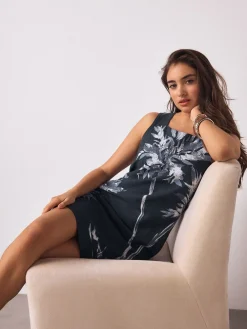 Next Linen Rich Square Neck Shift Mini Dress Navy Blue Placement Floral Print Best