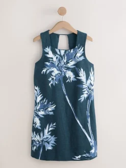 Next Linen Rich Square Neck Shift Mini Dress Navy Blue Placement Floral Print Best
