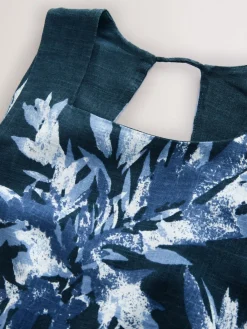 Next Linen Rich Square Neck Shift Mini Dress Navy Blue Placement Floral Print Best