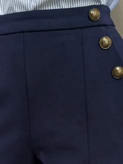 Next Ponte Wide Leg Trousers With Gold Button Detailing Navy Blue Sale