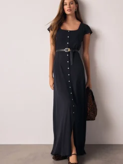 Next Short Sleeve Jersey Button Through Maxi Dress Navy Blue Outlet