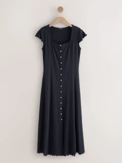 Next Short Sleeve Jersey Button Through Maxi Dress Navy Blue Outlet