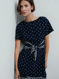 Next Tie Waist Mini Dress Navy Blue Spot Online