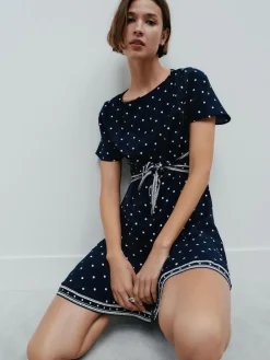 Next Tie Waist Mini Dress Navy Blue Spot Online