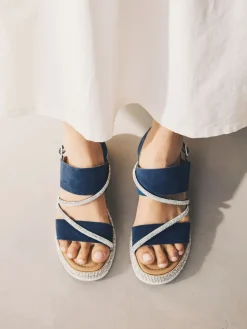 Next Standard/Wide Fit Leather Bling Detail Slingback Sports Wedge Sandals Navy Blue New