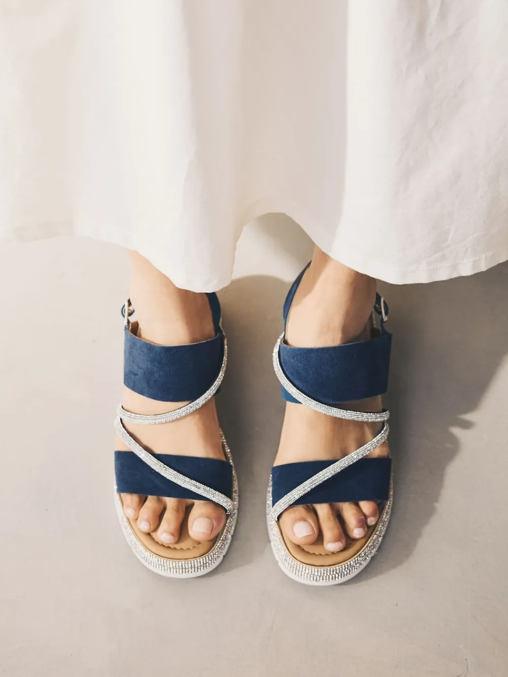 Next Standard/Wide Fit Leather Bling Detail Slingback Sports Wedge Sandals Navy Blue New