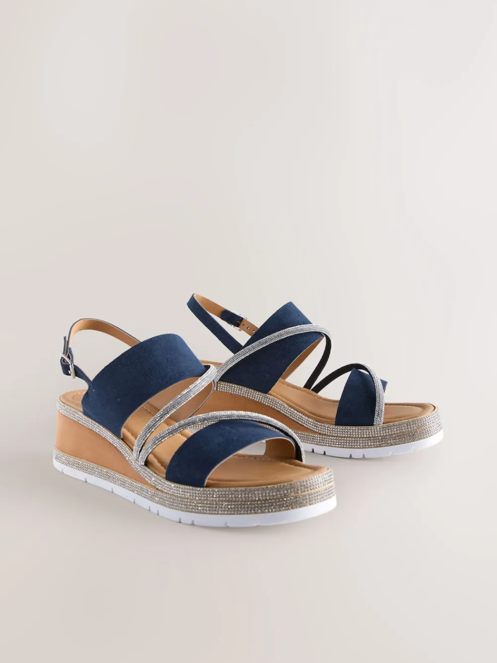 Next Standard/Wide Fit Leather Bling Detail Slingback Sports Wedge Sandals Navy Blue New