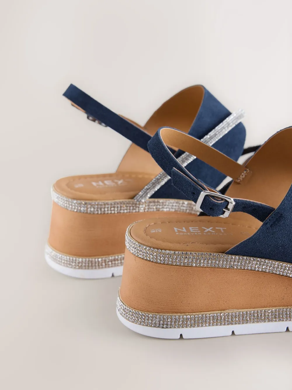 Next Standard/Wide Fit Leather Bling Detail Slingback Sports Wedge Sandals Navy Blue New