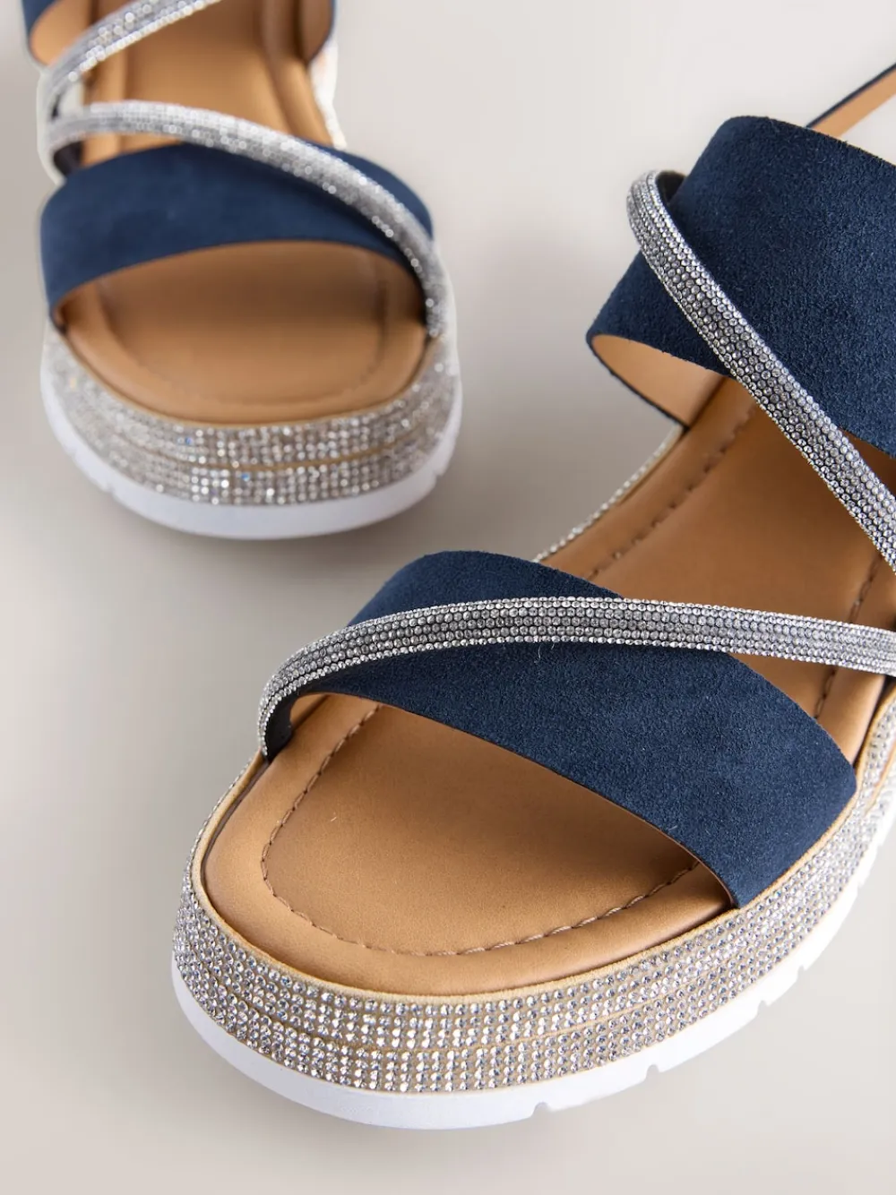 Next Standard/Wide Fit Leather Bling Detail Slingback Sports Wedge Sandals Navy Blue New