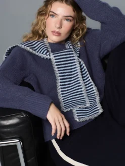 Next Scarf Layer Lace Trim Knitted Jumper Navy Blue Stripe New