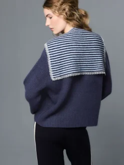 Next Scarf Layer Lace Trim Knitted Jumper Navy Blue Stripe New