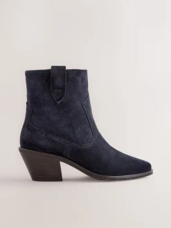 Next Standard/Wide Fit Cowboy Block Heel Ankle Boots Navy Blue Suede
