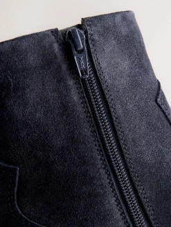 Next Standard/Wide Fit Cowboy Block Heel Ankle Boots Navy Blue Suede