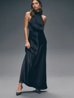 Next Navy Blue Textured Satin Halter Sleeveless Midi Dress Hot