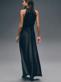 Next Navy Blue Textured Satin Halter Sleeveless Midi Dress Hot