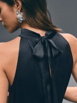 Next Navy Blue Textured Satin Halter Sleeveless Midi Dress Hot