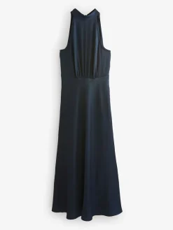 Next Navy Blue Textured Satin Halter Sleeveless Midi Dress Hot