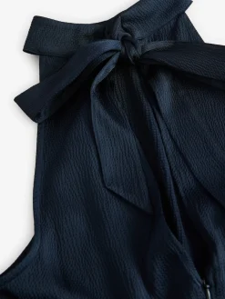 Next Navy Blue Textured Satin Halter Sleeveless Midi Dress Hot