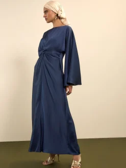 Next Twist Front Long Sleeve Satin Maxi Dress Navy Blue Sale
