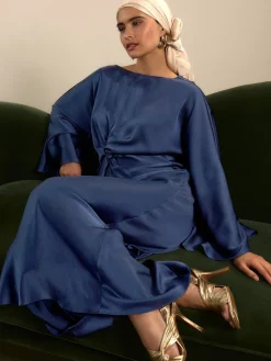 Next Twist Front Long Sleeve Satin Maxi Dress Navy Blue Sale