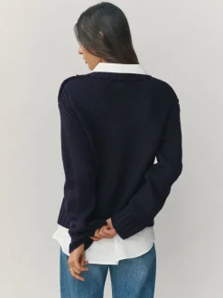 Next V-Neck Knitted Shirt Layer Look Jumper Navy Blue Best