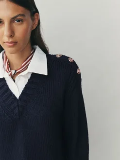 Next V-Neck Knitted Shirt Layer Look Jumper Navy Blue Best