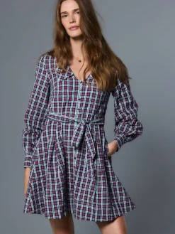 Next Mini Long Sleeve Collared Shirt Dress Navy Blue/Red Check Discount