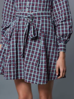 Next Mini Long Sleeve Collared Shirt Dress Navy Blue/Red Check Discount